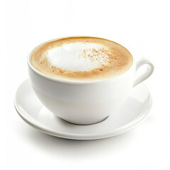 A cup of cappuccino with foam art, isolated on a white background, highlighting a coffee drink