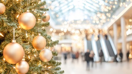 Close-up of decorated Christmas tree with golden baubles and lights in a festive shopping arcade, capturing holiday warmth and luxury.