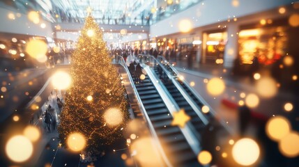 Close-up of decorated Christmas tree with golden baubles and lights in a festive shopping arcade, capturing holiday warmth and luxury.