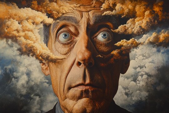 Shocked businessman with exploding head and surreal clouds
