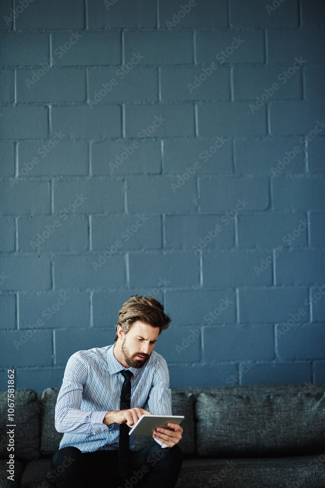 Poster digital, tablet and search with business man for cloud solutions architect, it consultant or mockup.