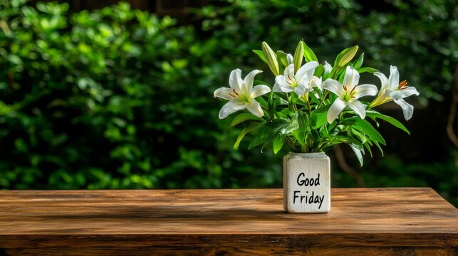 A bouquet of white lilies in a vase with the words "Good Friday" written on it, sits on a wooden table against a green background.