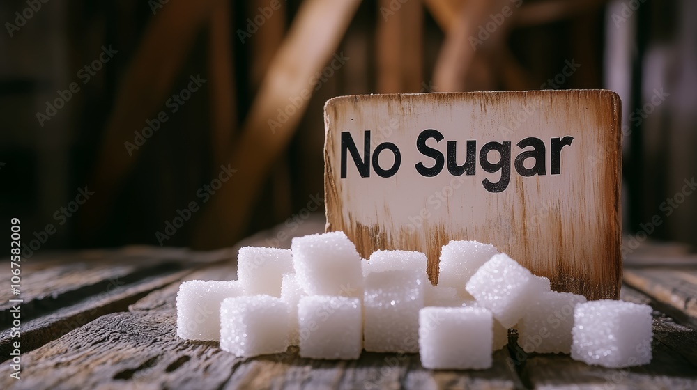 Poster sugar cubes are scattered on a wooden table in front of a small wooden sign reading no sugar, promot