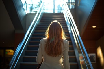 Businesswoman walking up escalator in modern building with bright light
