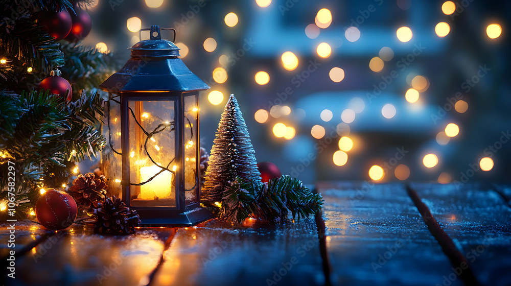 Poster lantern and christmas tree glowing on table with decoration and string lights - bokeh and glittering