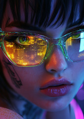 A young woman with holographic glasses and neon tattoos gazes intensely, city lights reflecting in her eyes