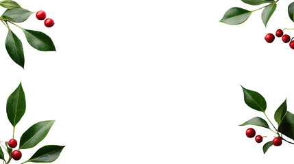 Fototapeta premium Elegant Holly Frame with Red Berries, Vibrant Green Leaves Creating a Border on a Plain White Background