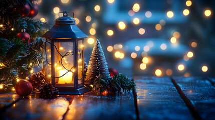 Lantern And Christmas Tree Glowing On Table With Decoration And String Lights - Bokeh And Glittering Effect On Background