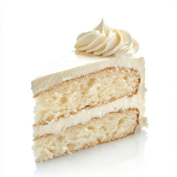 A slice of vanilla cake with buttercream frosting, isolated on a white background, showcasing a classic dessert