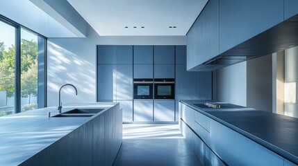Fototapeta premium Modern Kitchen Interior with Blue Cabinetry and a Window View