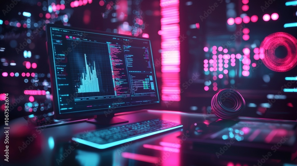 Poster modern data analytics dashboard with neon lighting
