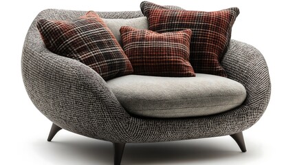 Modern living room with a grey armchair, pillows, and knitted plaid for a minimalist, cozy look.