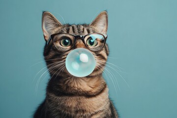 Obraz premium Ginger cat wearing glasses blowing a light blue bubble gum on turquoise background