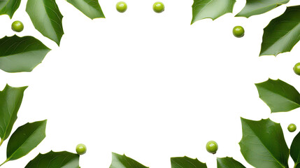 Fototapeta premium Minimalist Christmas Holly Frame, Vibrant Green Leaves and Berries around Edges on a White Background