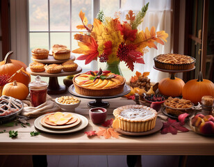 Naklejka premium Dessert table featuring pies, cakes, and fall-themed sweets