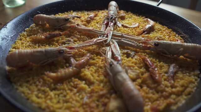 Close up of a delicious seafood paella 