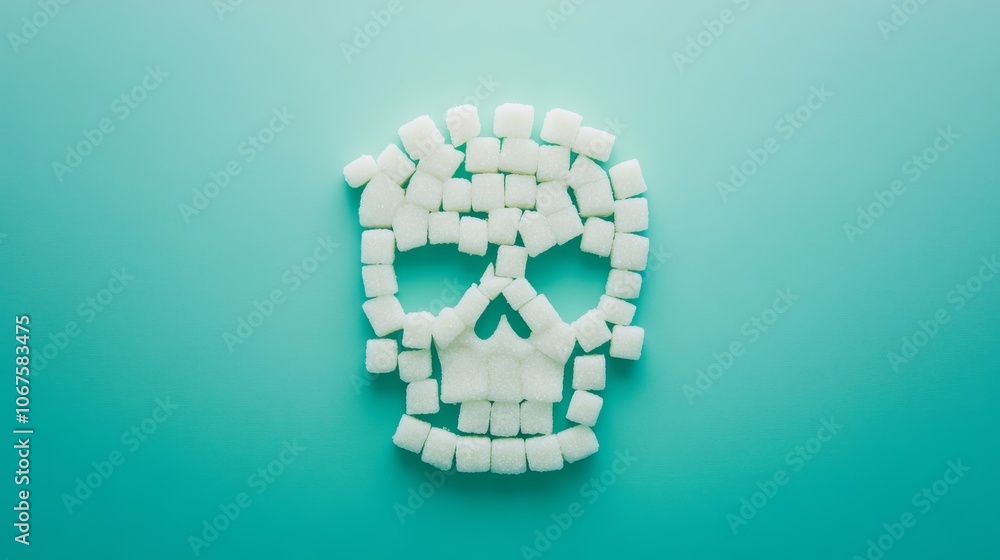 Poster White sugar cubes arranged in the shape of a skull on a turquoise background symbolizing the health risks associated with excessive sugar consumption and promoting awareness of sugar related diseases