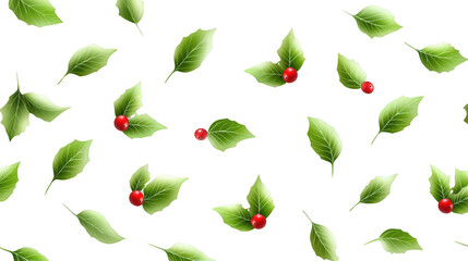 Seamless Christmas Holly Background, Vibrant Green and Red Pattern over Clean White, Festive and Decorative