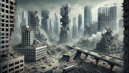 Post-apocalyptic urban ruins with collapsed buildings and smoky skyline