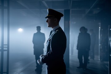 Fototapeta premium The Weight of Duty: A lone military officer stands tall, his silhouette bathed in the soft glow of a distant light, his face etched with a stoic determination in a smoky, haunting atmosphere.
