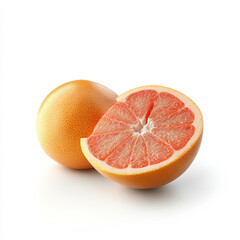 A single grapefruit cut in half, isolated on a white background, highlighting a citrus fruit
