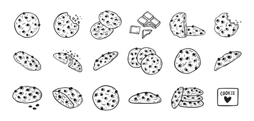Chocolate chips cookie hand drawn doodle icon set. Drawing black and white sketch biscuit. Chocolate biscuit collection.