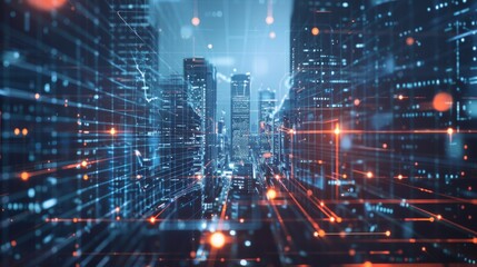 Obraz premium Futuristic digital cityscape with glowing lines and data