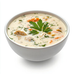 A bowl of clam chowder with herbs, isolated on a white background, showcasing a rich seafood soup