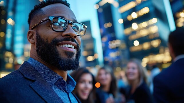 A sharply dressed man with glasses smiles confidently amidst a blurred cityscape at night, projecting an aura of success, optimism, and modern urban life.