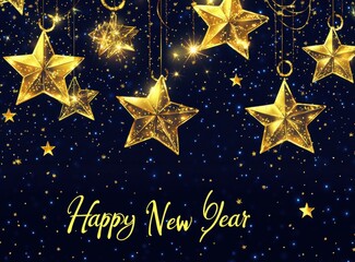 Happy New Year! Golden stars on a dark background with calligraphy text "Happy New Year" Generative AI