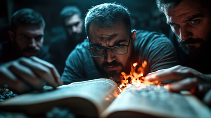 Obraz premium In a dimly lit setting, four men intensely examine an ancient book with seemingly fiery pages, suggesting mystery, earnest study, and fantastical discovery.