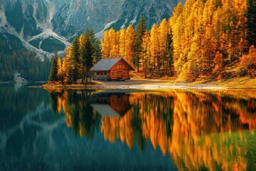 Obraz premium Secluded Cabin Reflecting in Still Mountain Lake During Autumn