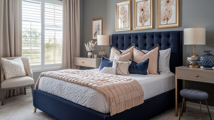 Modern bedroom with tufted headboard, blush throw, and floral artwork