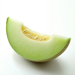 A slice of honeydew melon with seeds visible, isolated on a white background, highlighting a refreshing fruit
