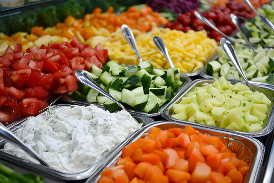 A vibrant array of fresh vegetables and fruits displayed at a bustling market salad bar