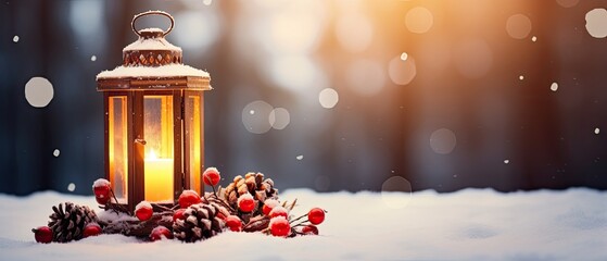 A lit lantern sits in the snow, surrounded by pine cones and red berries, creating a charming winter scene, ideal for use in holiday-themed advertisements, greeting cards, and seasonal home decor