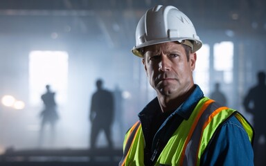 Construction Worker: A determined construction worker in a hardhat and safety vest stares intensely into the camera, his focused expression revealing the seriousness of his work.