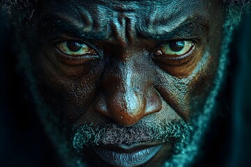 Intense close-up portrait of elderly man with deep eyes and graying beard