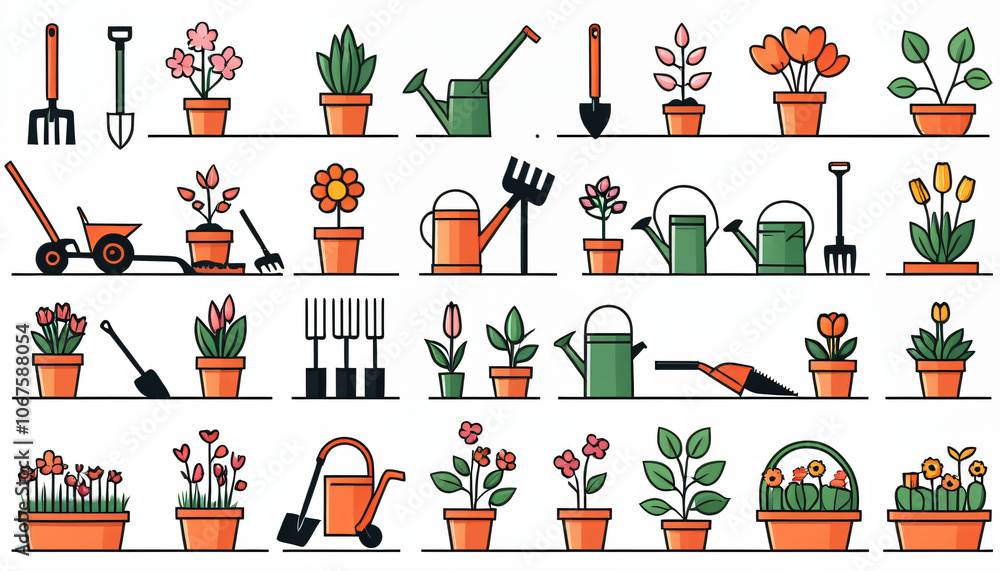 Aufkleber set of linear flat vector graphics depicting various aspects of spring gardening with a focus on pla