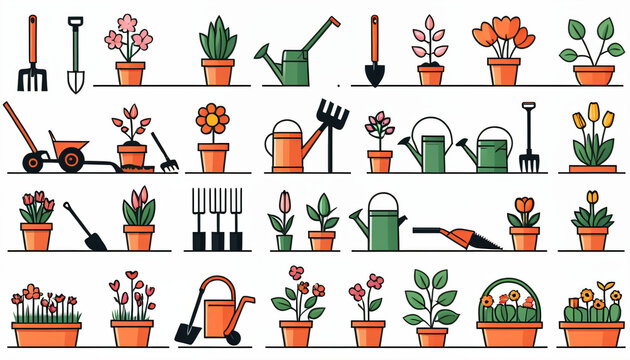 Set of linear flat vector graphics depicting various aspects of spring gardening with a focus on planting and maintenance tools._00001_