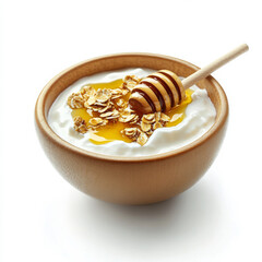 A bowl of Greek yogurt with honey, isolated on a white background, highlighting a healthy snack