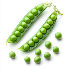 A handful of green peas with a few pods, isolated on a white background, emphasizing a fresh vegetable choice
