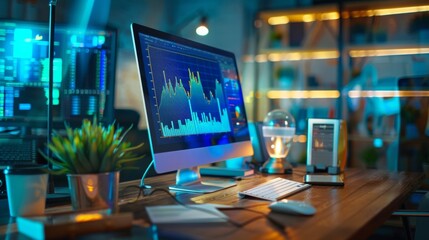 Modern workspace with financial data analysis on computer