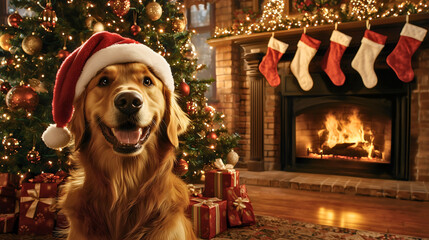 A cute Golden Retriever wearing a Santa hat, fully in Christmas mode, a happy Golden Retriever eagerly awaiting Christmas next to the tree with presents.