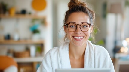 A cheerful woman with glasses and a bun sits at her desk, working remotely from her cozy home office, showcasing modern work-life balance lifestyle.