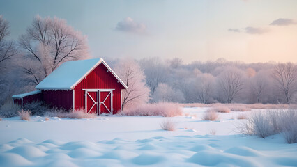 Red Barn in Snowy Field Postcard