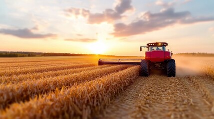 A powerful tractor harvests a cornfield beneath a beautiful sunset, symbolizing productivity and agricultural innovation in a golden rural landscape setting.