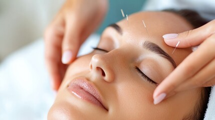 A serene woman receives facial acupuncture treatment, highlighting relaxation and traditional healing practices, with calm and soothing atmosphere throughout the session.