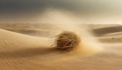 A tumbleweed blowing across a sandy desert landscape