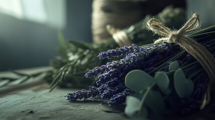 Close-up of lavender and eucalyptus bundles on table
